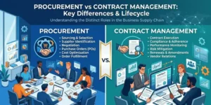 Procurement focusing on sourcing, negotiation, and purchasing, while Contract Management handles execution, compliance, and renewals. Two office teams illustrate the distinct stages of the business supply chain.