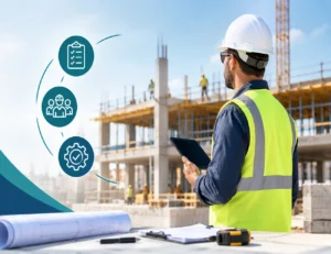 Construction foreman reviewing project plans on a tablet at a building site.
