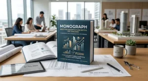 Monograph architecture fee tracking concept with financial charts, architectural blueprints, and a modern architecture studio.