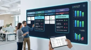Team reviewing construction project phase profitability, budget margins, and cost analysis on a digital dashboard.